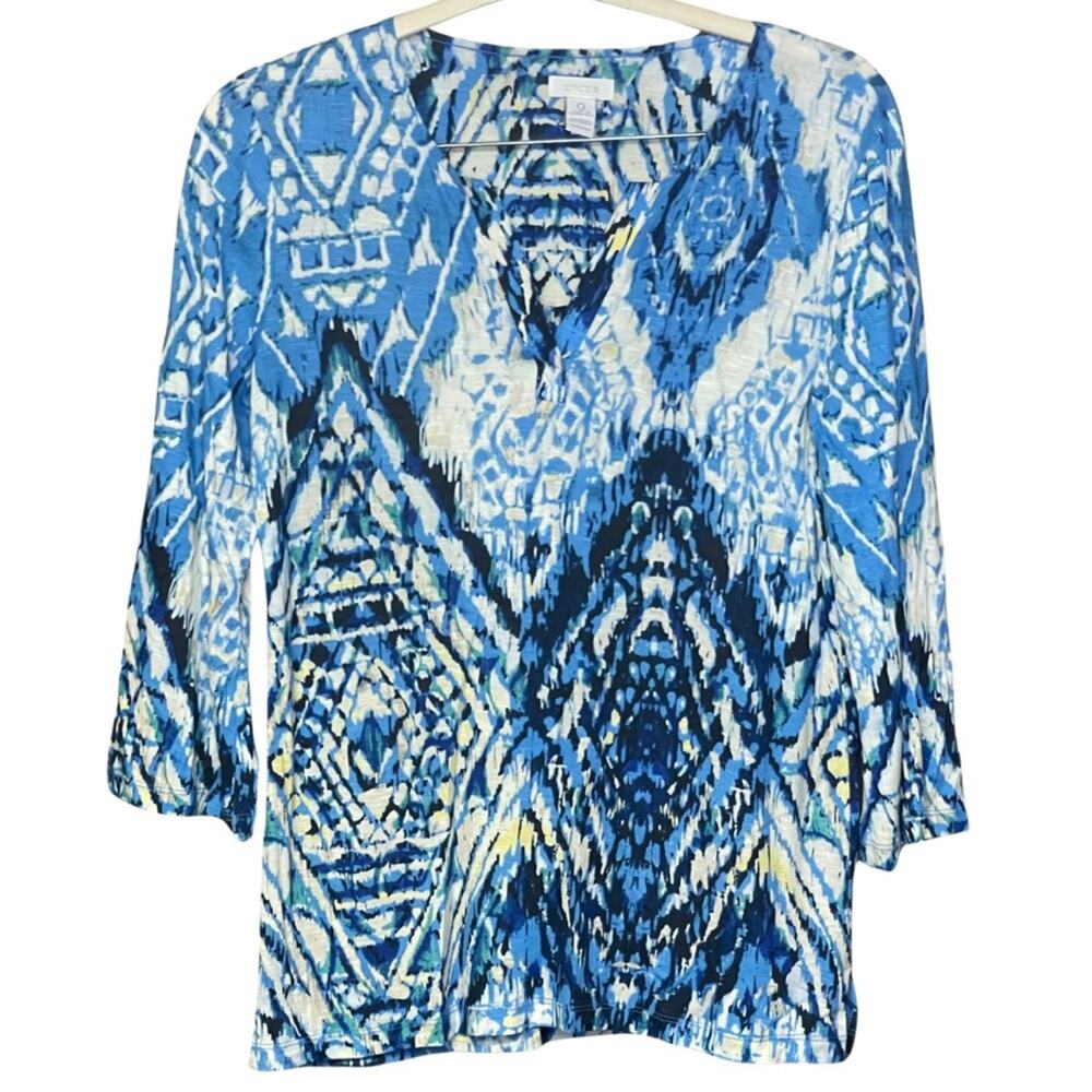 Chico’s vneck top soft comfortable blue yellow 3/4 sleeves size small